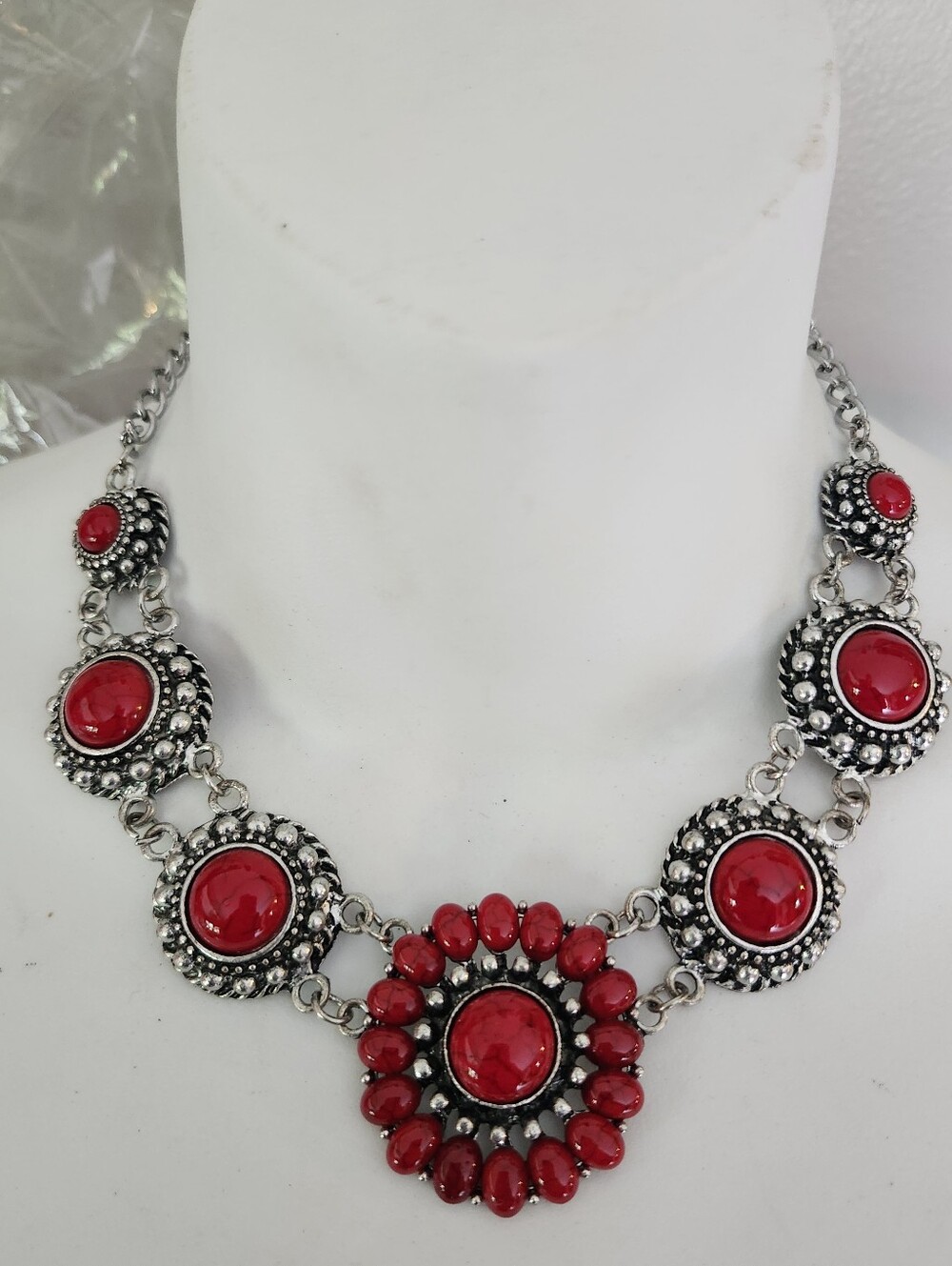 Red Statement Floral Cluster Necklace - Silver Tone